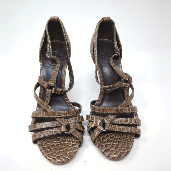 Tory Burch High Heels 6 Brown Strappy Open Toe Croc Embossed Leather - Picture 2 of 10